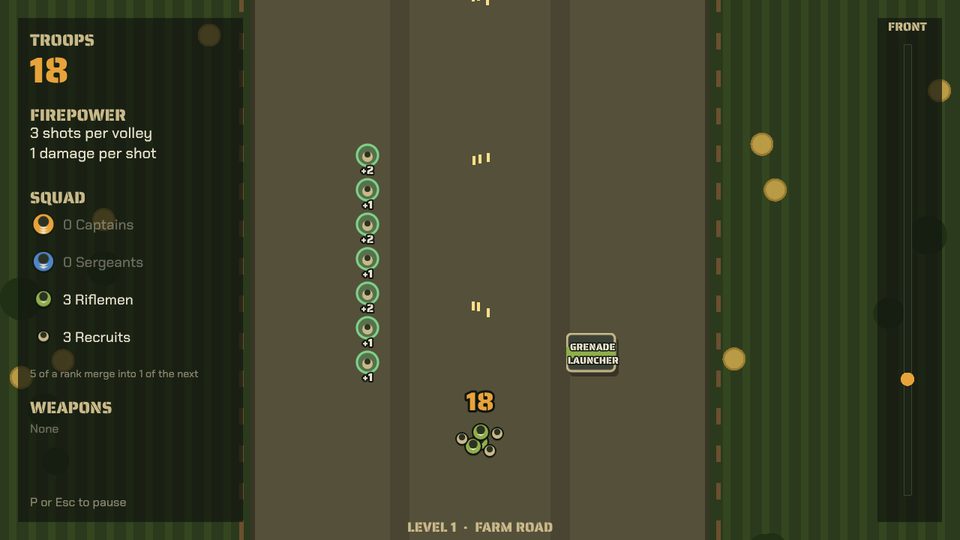 Rolling War: a squad of troops marching up a farm road towards troop pickups and a grenade launcher